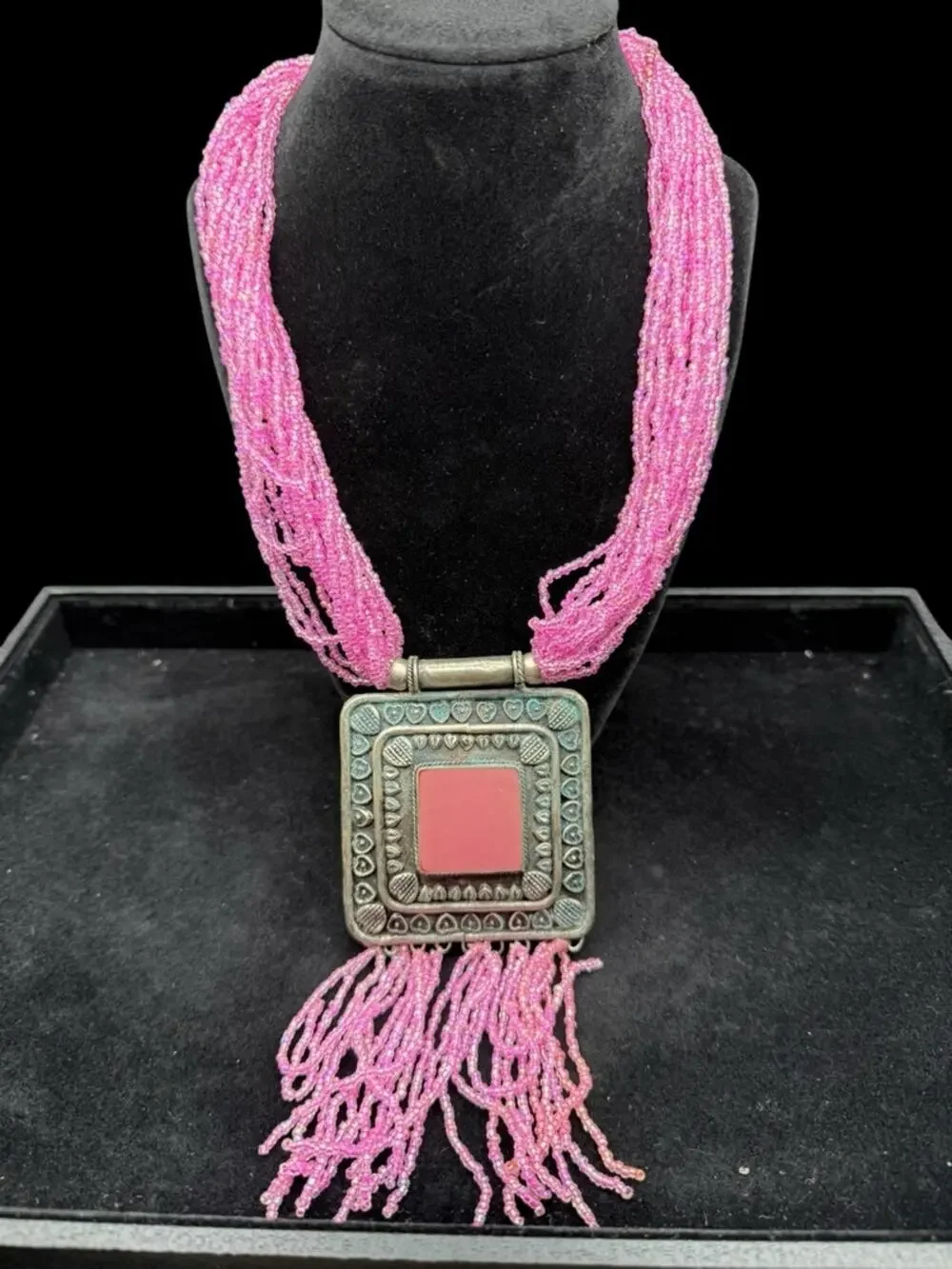 Handmade Pink Multi-Strand Beaded Necklace with Ornate Square Pendant